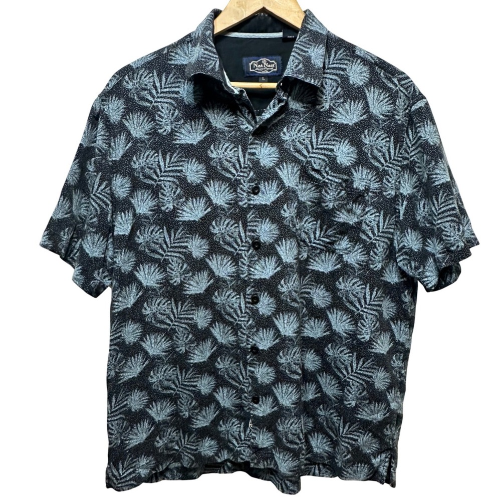 Nat Nast Button Down Camp Shirt Men Large Silk Cotton Palm Leaf Resort Aloha